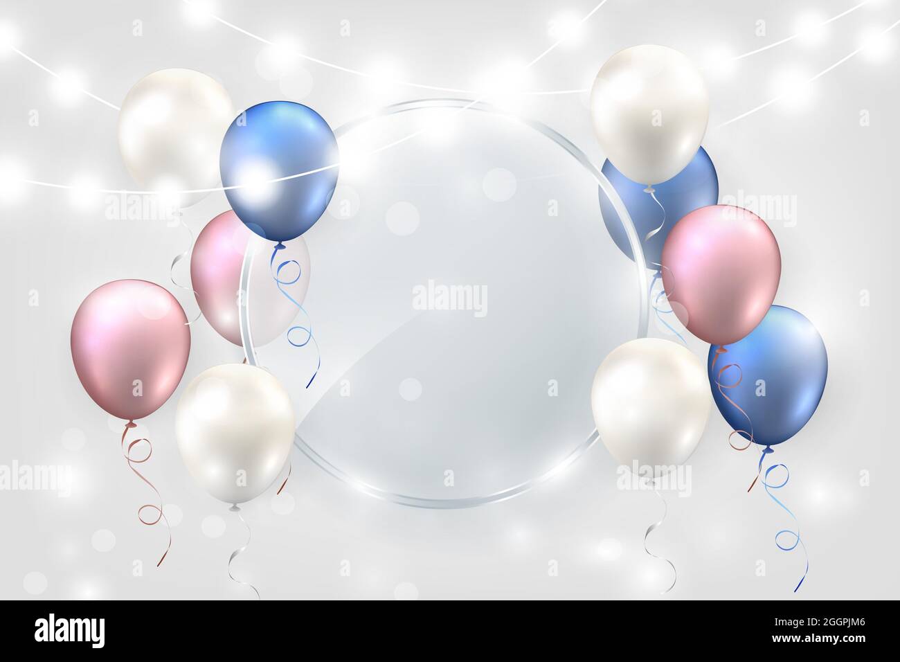 Elegant blue purple pink white ballon and decorative lighting chains round  transparent glass plate Happy Birthday celebration card banner template  Stock Photo - Alamy