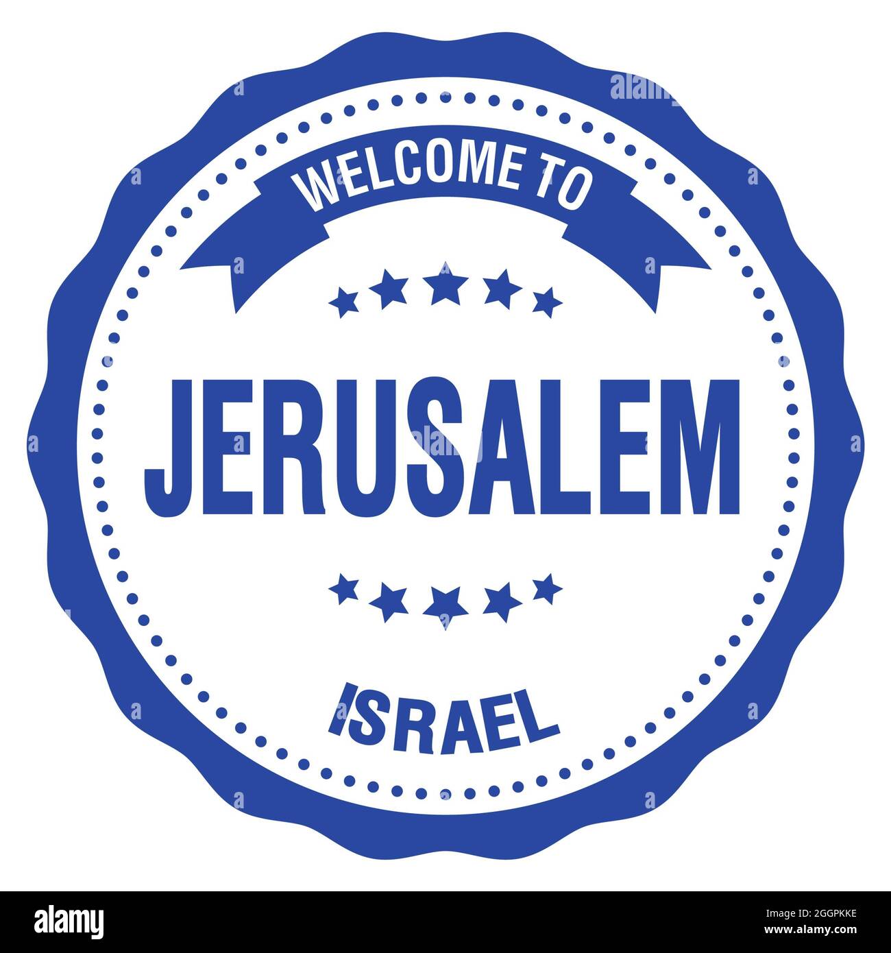 WELCOME TO JERUSALEM - ISRAEL, words written on blue round badge stamp ...