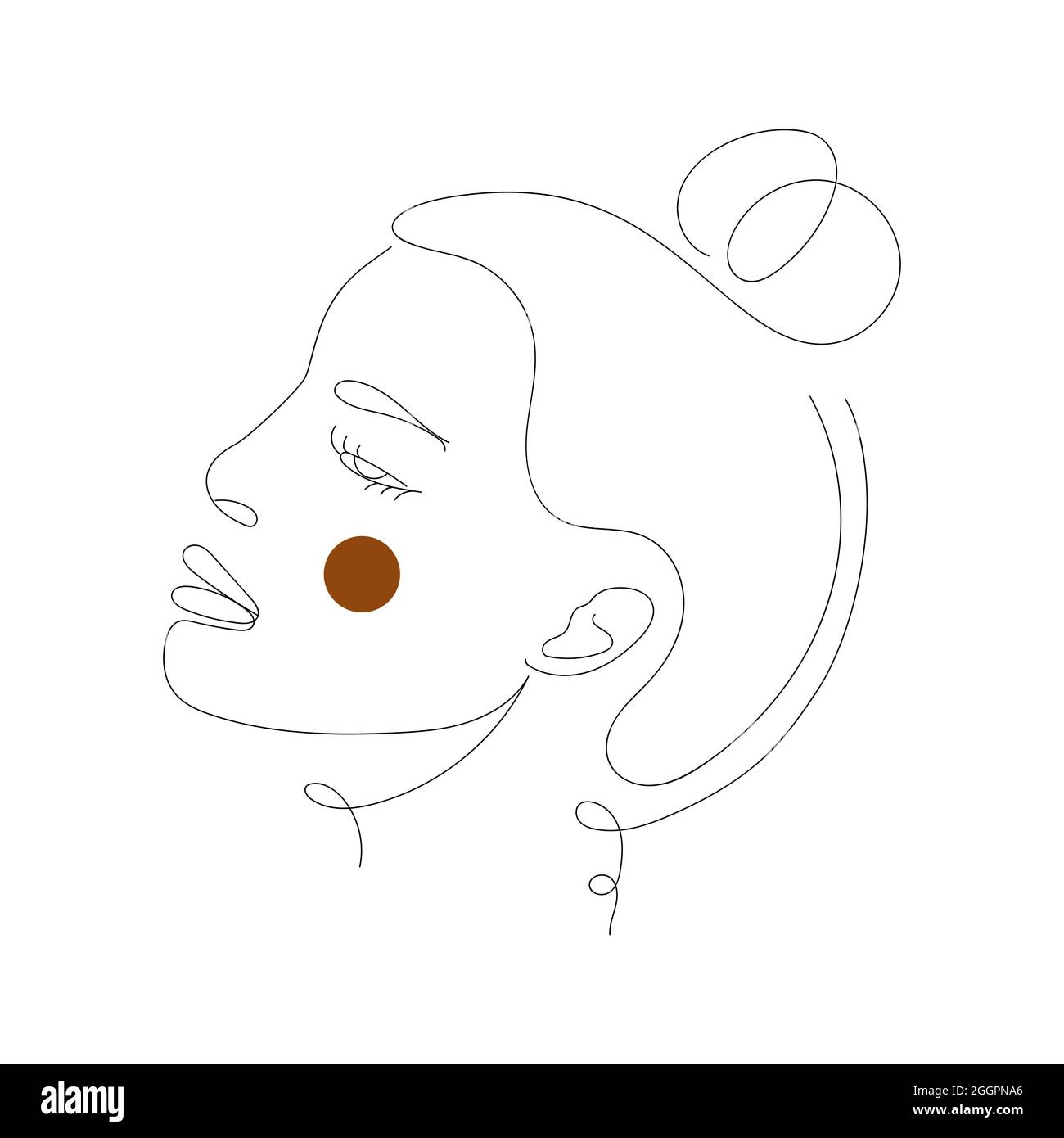 American woman with calm face. Face line art. Vector illustration of a female profile with a brown blush. Stock Vector