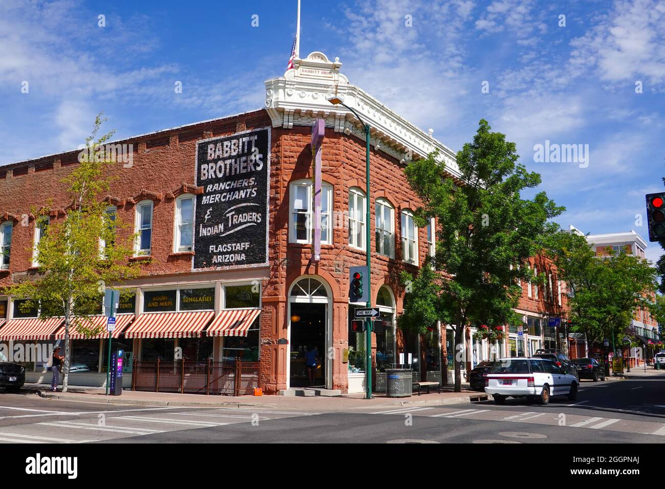 Historic Babbit Brothers, est 1888, with Ranchers, Merchants, and Indian Traders sign, N. San Francisco Street, downtown Flagstaff, Arizona, USA. Stock Photo