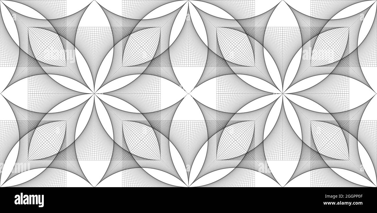 Seamless Flower of Life symbol banner template, geometric wireframe Sacred Lotus Flower, thread art, floral Sacred Geometry in String black line grid Stock Vector