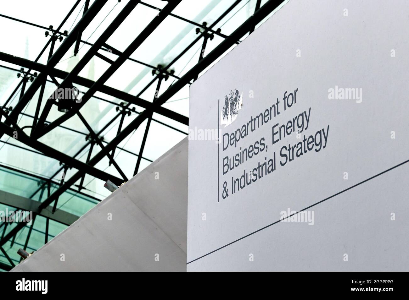 London, England - August 2021: Sign outside the offices of the Department for Business, Energy and Industrial Strategy Stock Photo