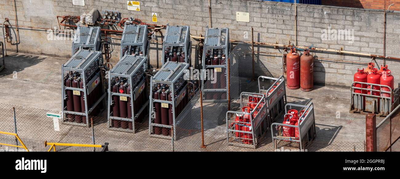 Falmouth, Cornwall, England, UK. 2021.  Gas bottle store including acetylene and propane  gas bottles. Stock Photo