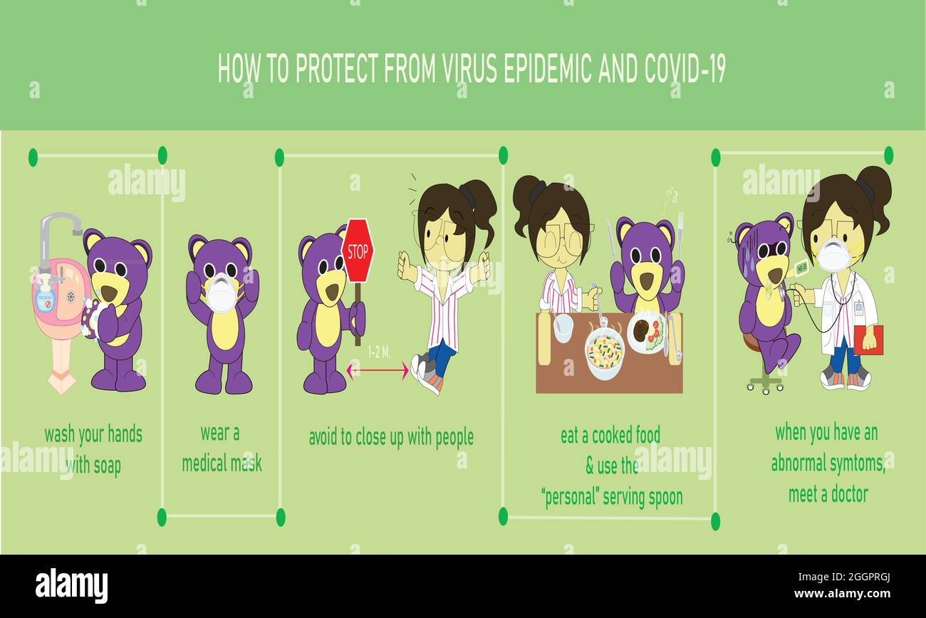 Mr.purple bear: How to protect from virus epidemic and covid-19 Stock Vector