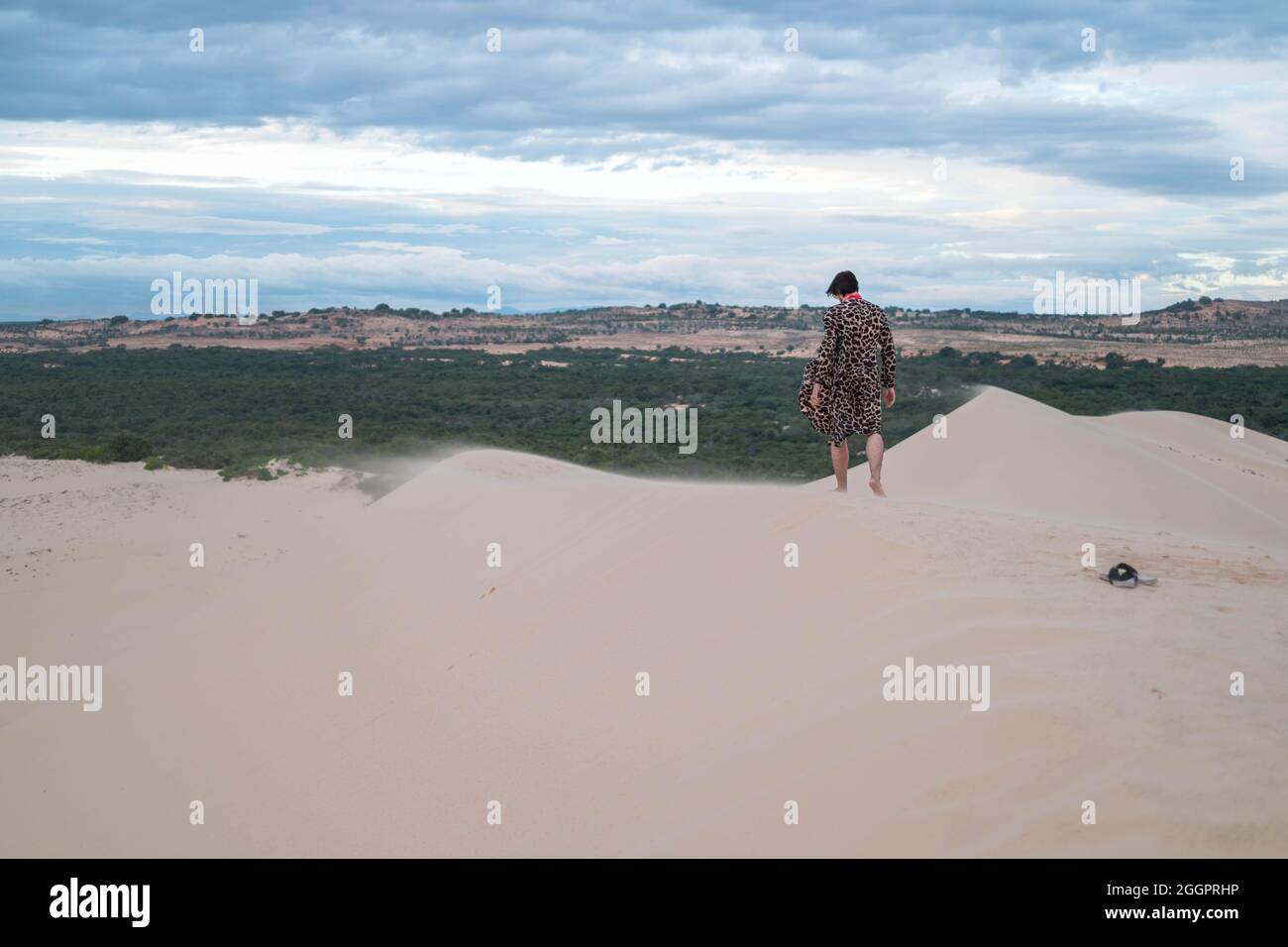 Wanderer walking in the desert. Young man standing in white sand dunes. Backside view. Stranger in desert. High quality photo Stock Photo