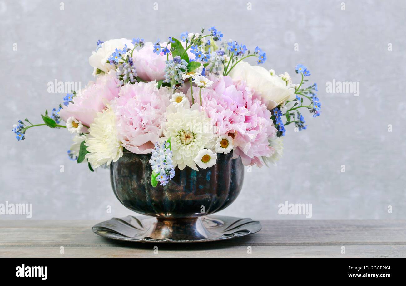 Pink Ranunculus with Blue Forget Me Not Bouquet
