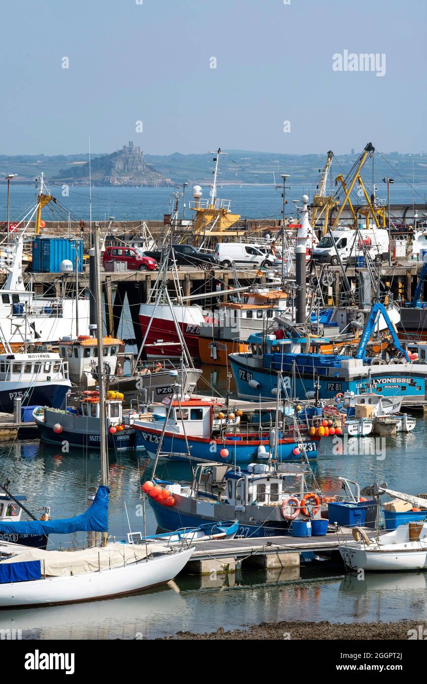 Newlyn, Cornwall, England, UK. 2021. A small fishing boat sailing into