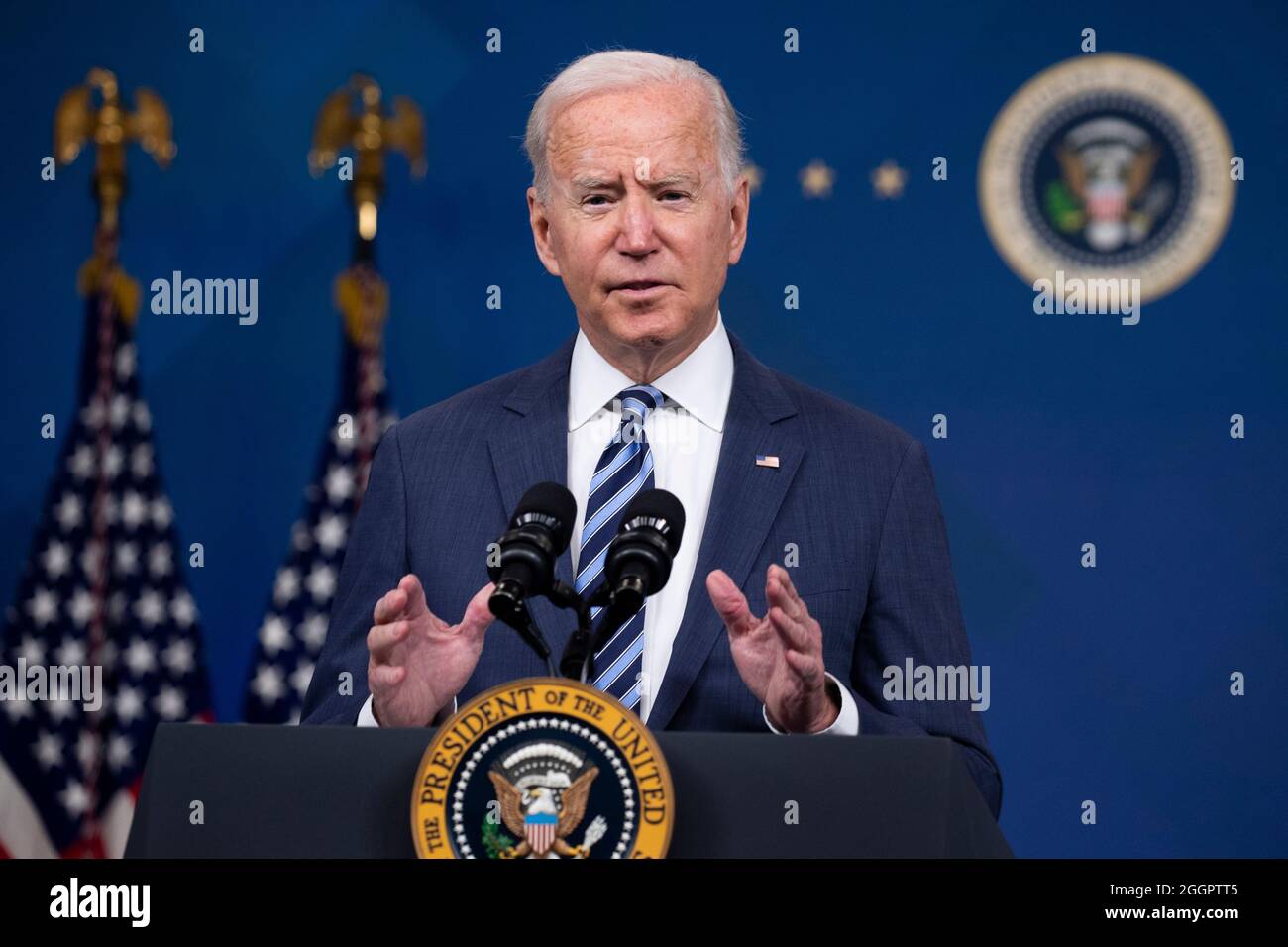 US President Joe Biden delivers remarks on Hurricane Ida on September 2, 2021. Credit: Michael Reynolds/Pool via CNP/MediaPunch Stock Photo