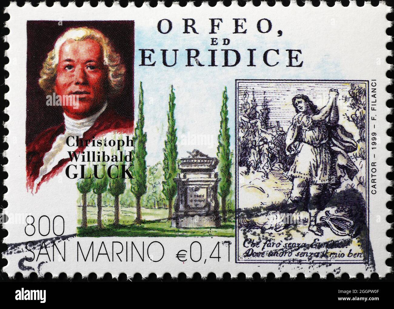 Christoph Willibald Gluck and his opera Orfeo and Euridice on stamp Stock Photo