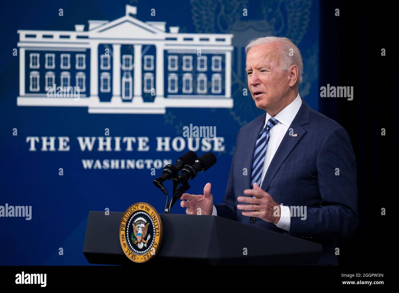 US President Joe Biden delivers remarks on Hurricane Ida on September 2, 2021. Credit: Michael Reynolds/Pool via CNP/MediaPunch Stock Photo
