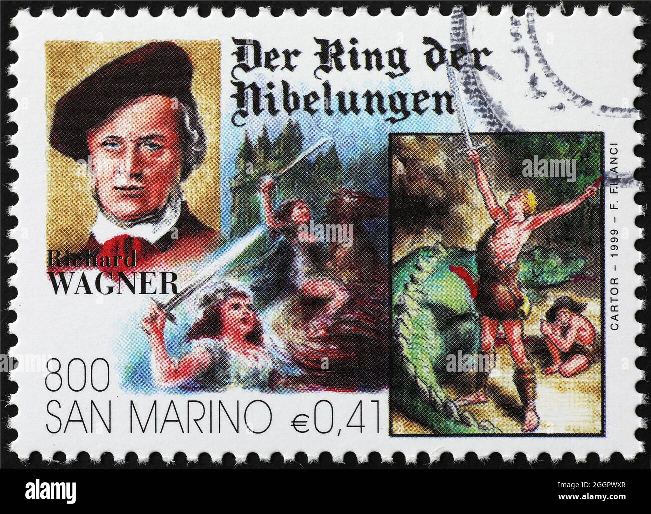 Richard Wagner and his opera The Ring of the Nibelung on stamp Stock Photo