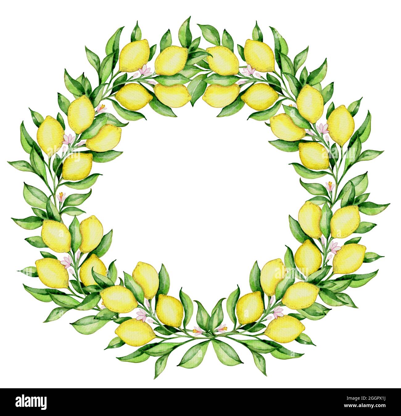Hand drawn watercolor round floral frame with lemons and green leaves ...