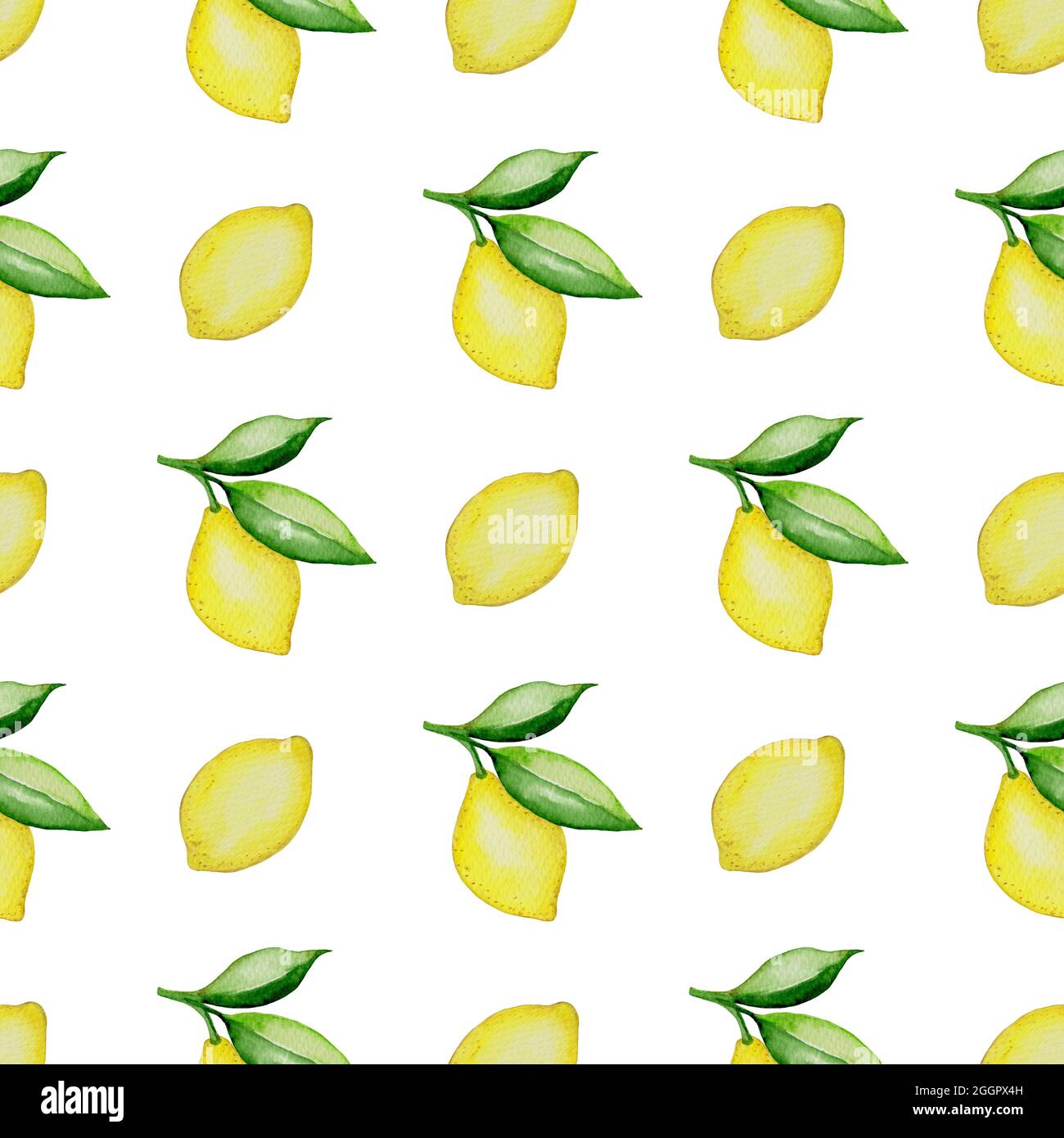 Hand drawn watercolor seamless pattern with lemons and green leaves on ...
