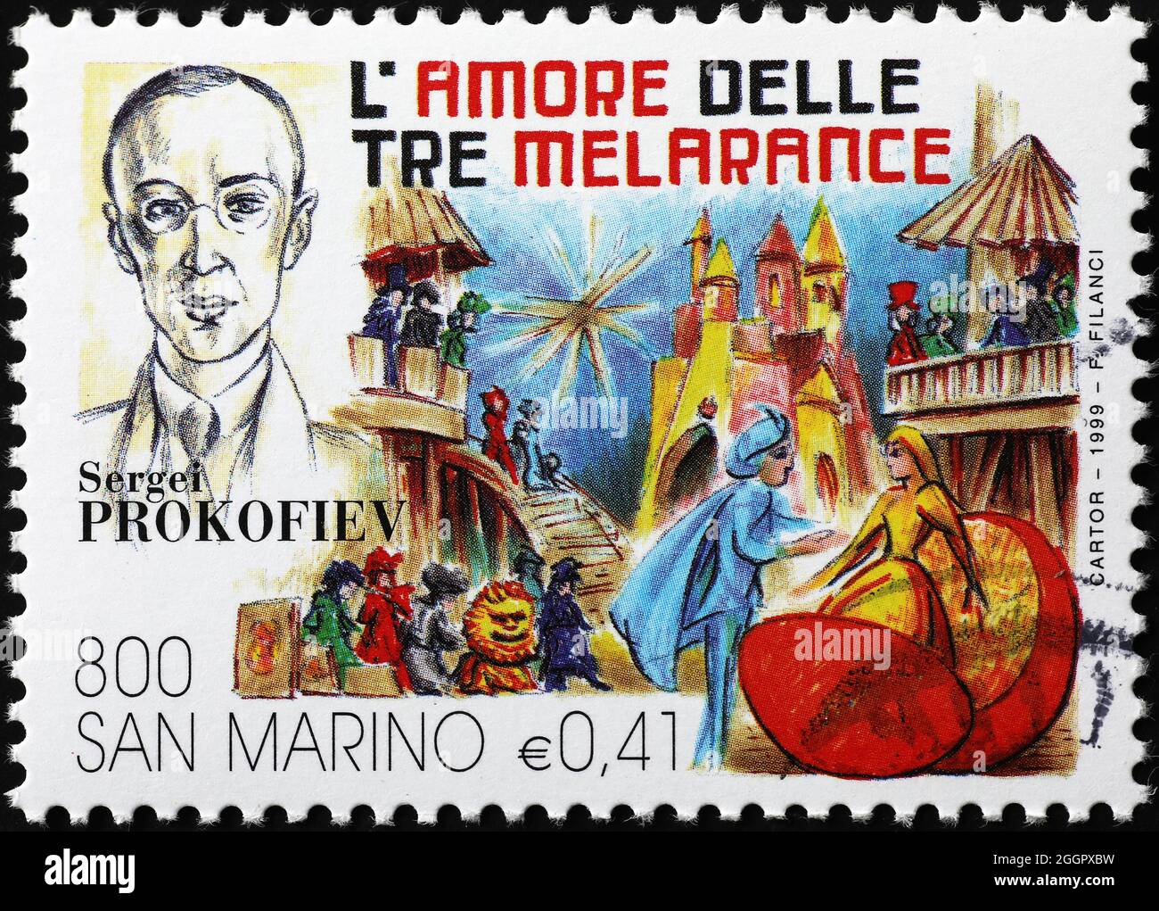 Sergei Prokofiev and his opera The love for three oranges on stamp Stock Photo