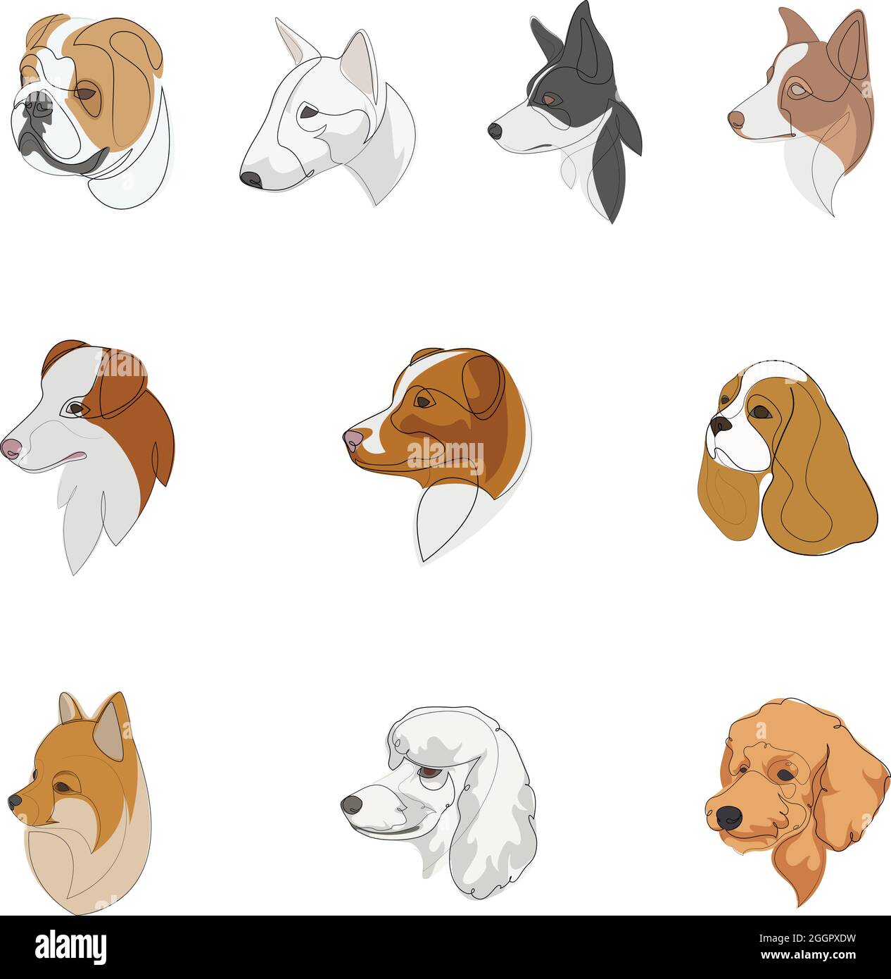Set of hand drawn line art illustrations of dog characters portraits