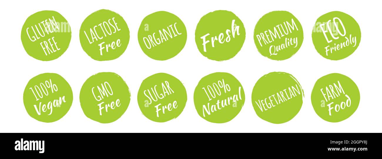 Gluten, Lactose, GMO, Sugar Free, Organic, Fresh, Premium Quality, Eco Friendly, 100% Vegan, Natural, Vegetarian, Farm Food Icons Label Set Stock Vector