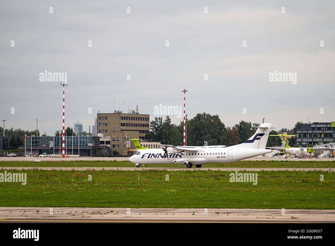 Riga, Latvia August 31, 2021 Finnair ATR 72500 (OHATO) landing/arrival in Riga/RIX/EVRA