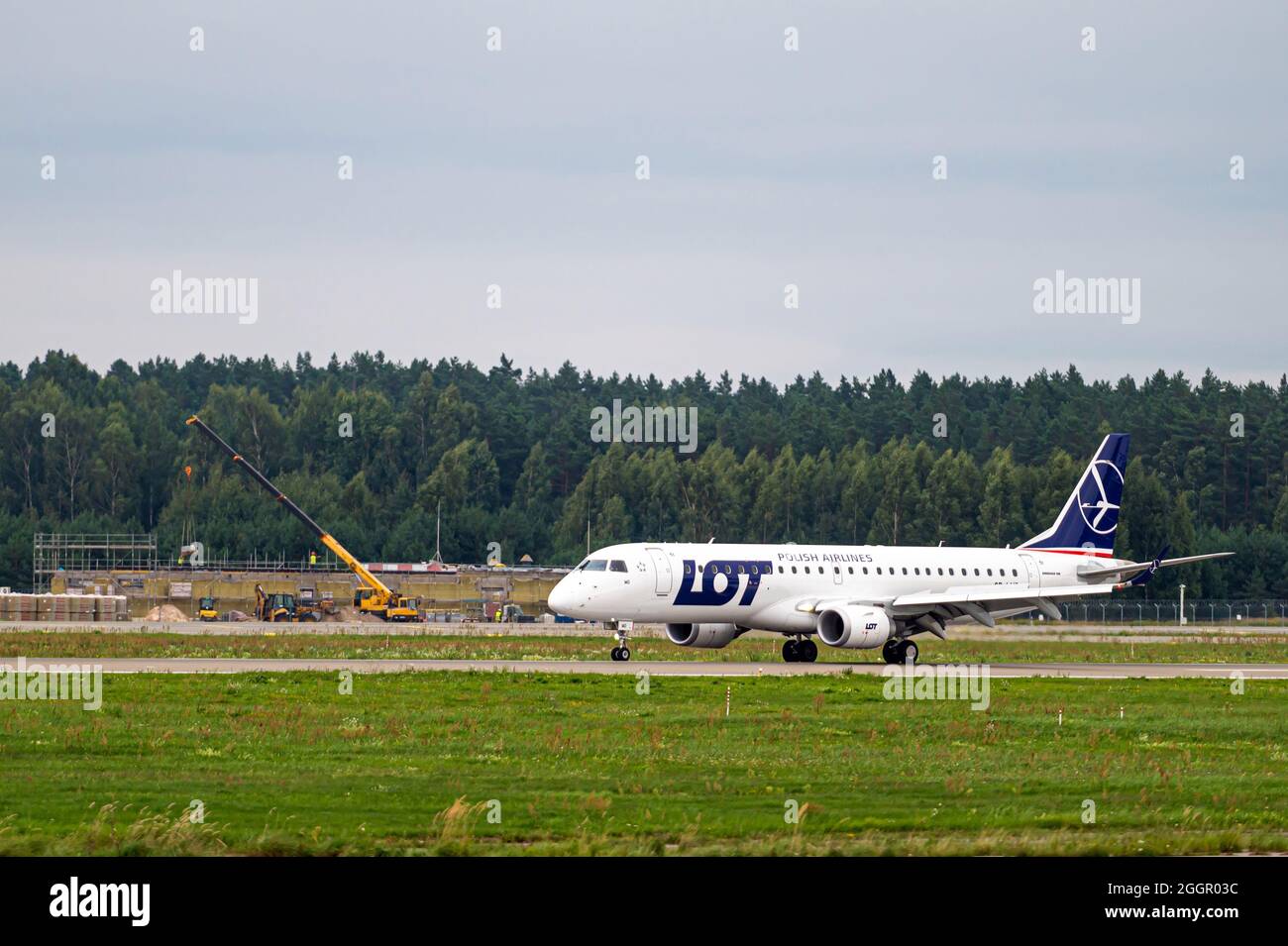 Riga, Latvia August 31, 2021 LOT Polish Airlines Embraer 190 SPLMD landing/arrival in Riga