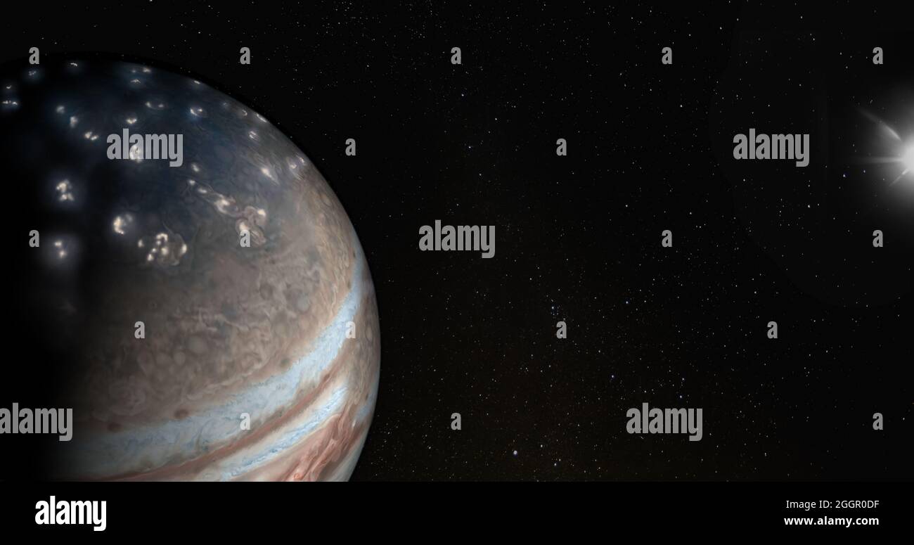 Jupiter northern hemisphere lightning activity near its pole. Elements of  this image furnished by NASA Stock Photo - Alamy