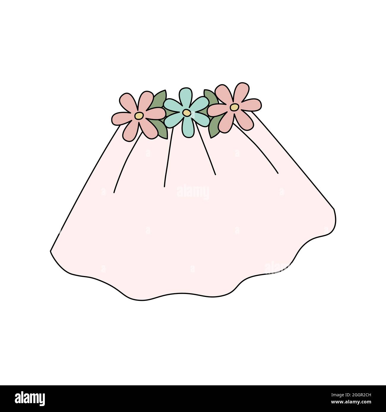 Wedding bridal veil with flower crown. Pastel vector illustration isolated on white background. Icon for bachelorette party. Design for hen party invi Stock Vector