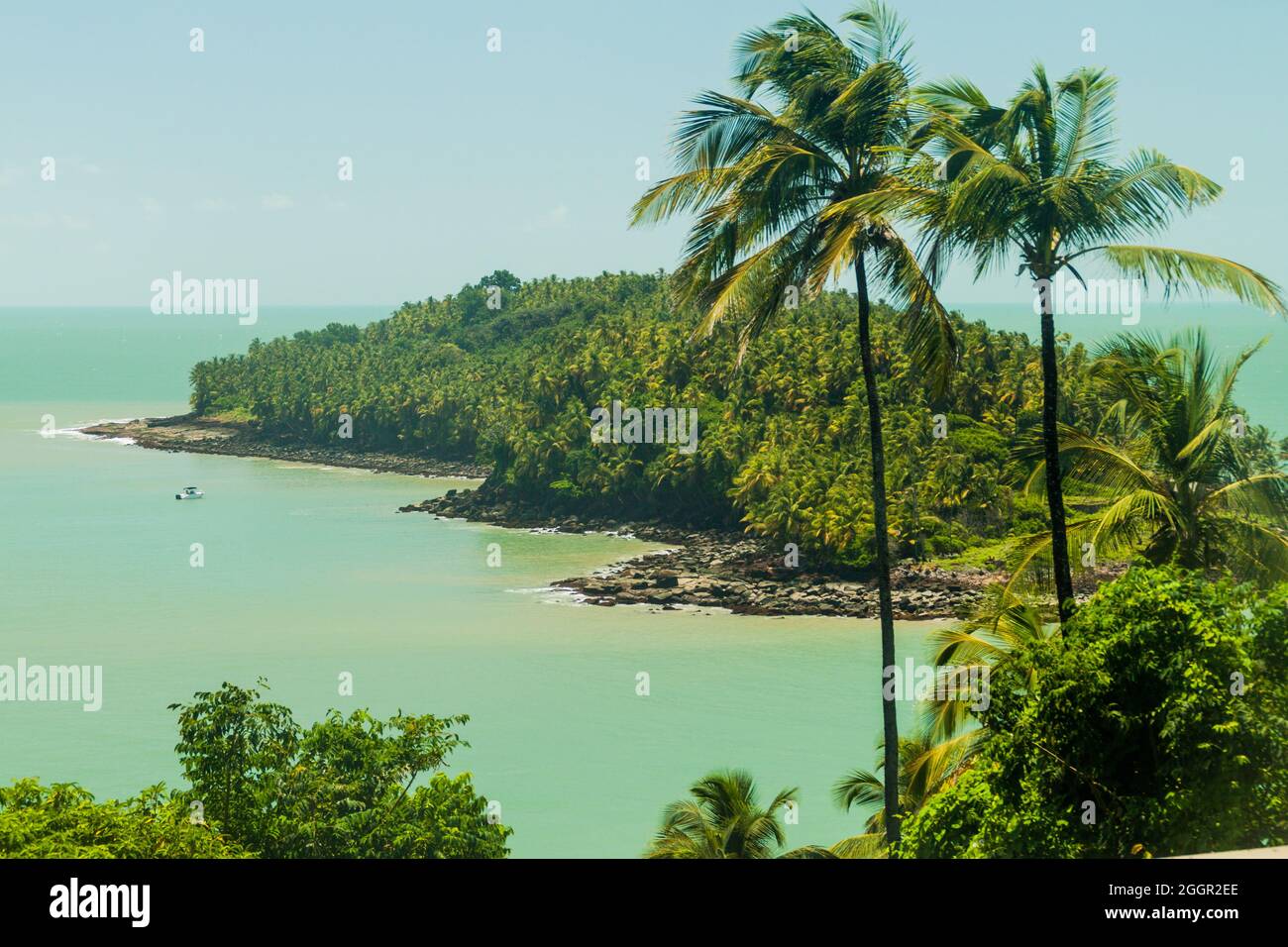 View of Ile du Diable (Devil's Island) from Ile Royale in archipelago of Iles du Salut (Islands of Salvation) in French Guiana Stock Photo