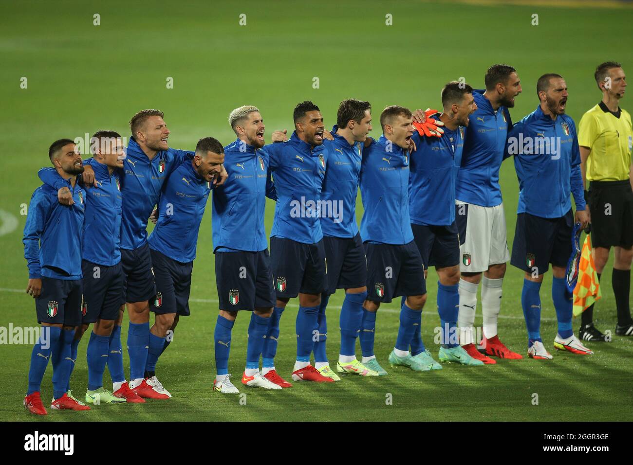 Florence, Italy. 02nd Sep, 2021. Florence, Italy - 02.09.2021: Italy team during anthem before European qualifiers EQ Qatar 2022 football match between ITALY VS BULGARIA at Artemio Franchi stadium in Rome on september 02th, 2021. Credit: Independent Photo Agency/Alamy Live News Stock Photo