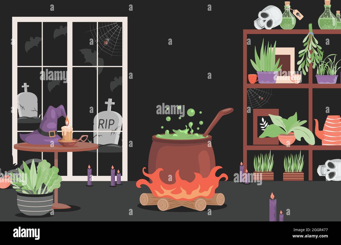 Interior of the house of evil witch vector flat cartoon illustration. Preparing poison in the pot, shelves with magical items, skulls, poisons, plants. Scary interior for Halloween party card design. Stock Vector
