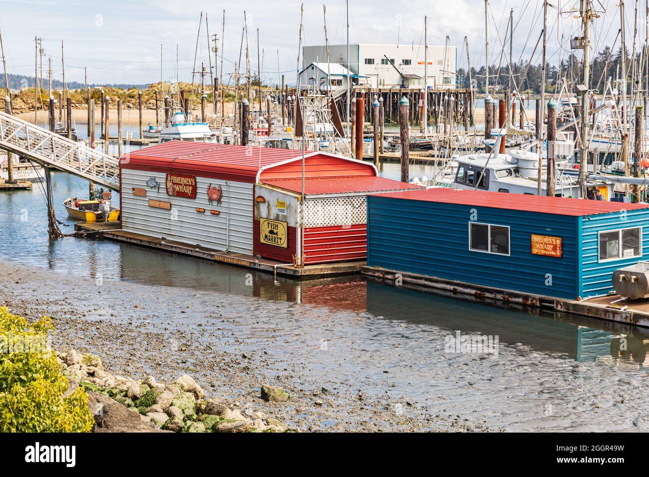 Coos Bay, Oregon, USA. May 2, 2021. Fisherman's Wharf in Coos Bay, Oregon. Stock Photo