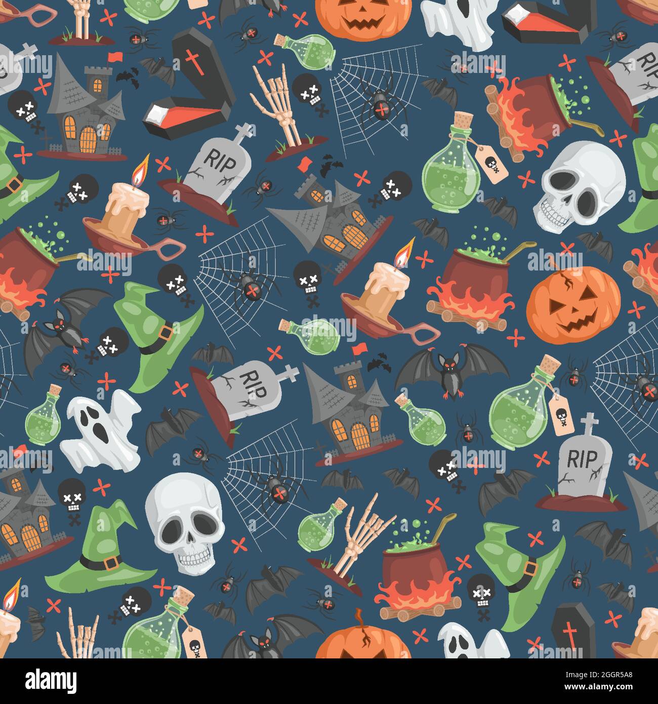 Halloween seamless pattern. Ugly and scary skulls, witch hats, poisons, spiders on web, skeletons, bats, and pumpkins on blue background. Trick or treat Halloween party vector flat cartoon backdrop. Stock Vector