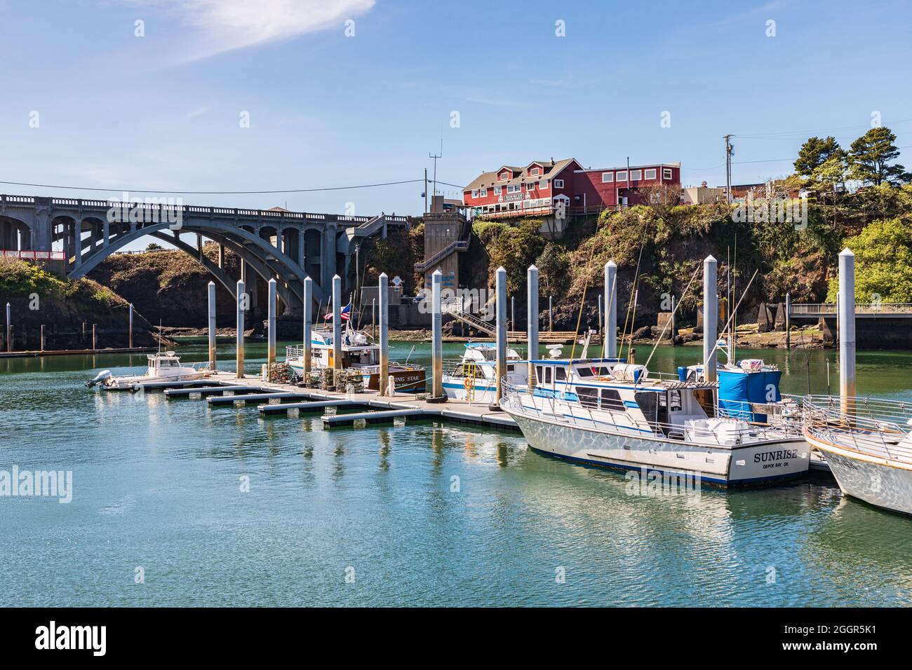 Depoe Bay, Oregon, USA. May 4, 2021. Fishing boats in the harbor at