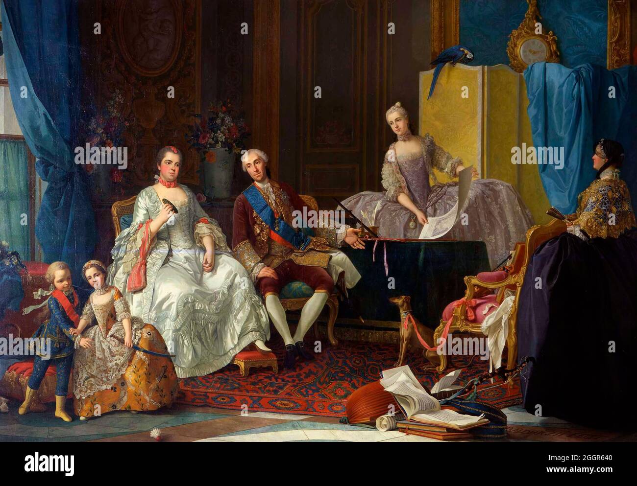 Family of Don Philip of Bourbon -  Felipe of Parma and his wife Louise Élisabeth of France with their younger children Ferdinand, the later Ferdinand I of Parma and Maria Luisa, (later Queen of Spain), Parma, Galleria Nazionale; The girl is keeping her brother's miniature sword away from him. Portrayed in profile on the right, the childrens' gouvernante, Marie Catherine de Bassecourt, Marchioness of Borghetto - Giuseppe Baldrighi, 1757 Stock Photo