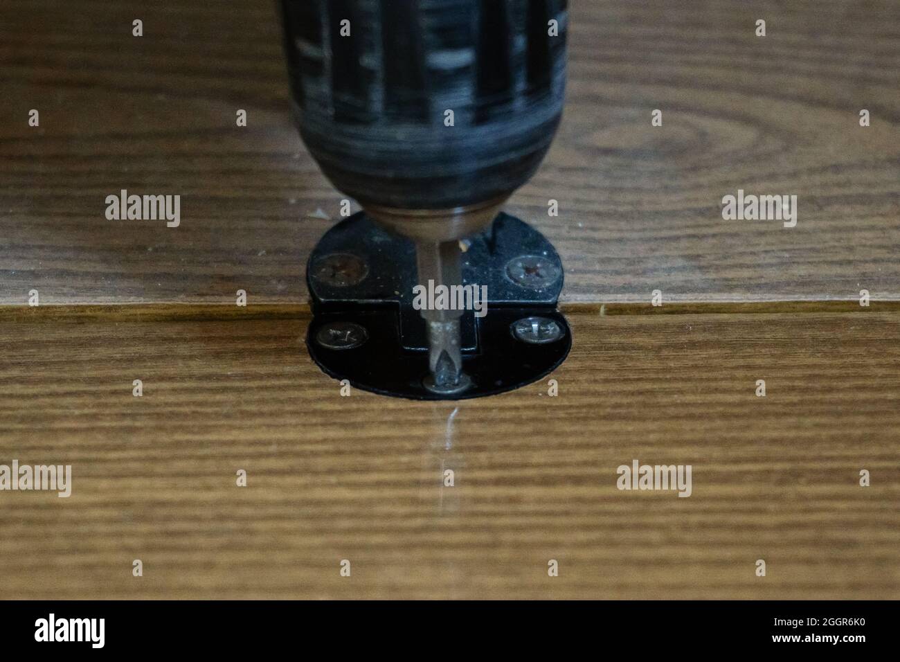 Screwdriver twists screw into antique furniture closeup Stock Photo