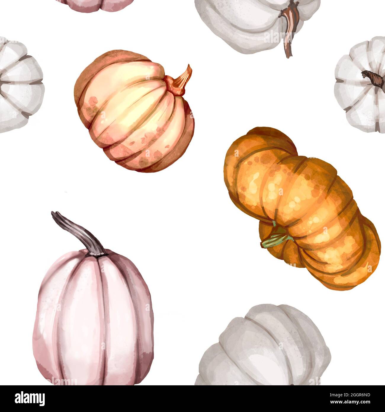 Watercolor pumpkin seamless pattern. Orange, rose and white pumpkins Stock Photo