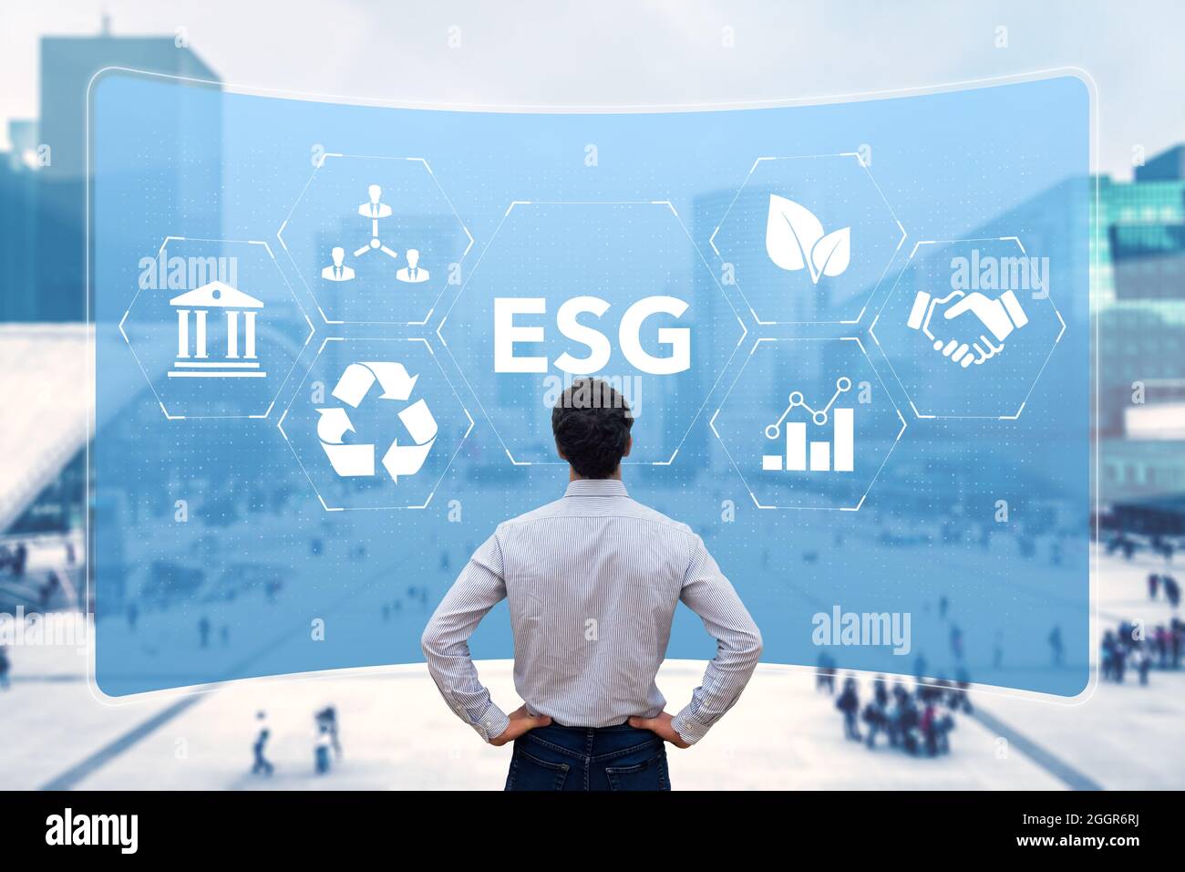 ESG Environmental Social Governance sustainable development and investment evaluation. Green ethical business preserving resources, reducing CO2, cari Stock Photo