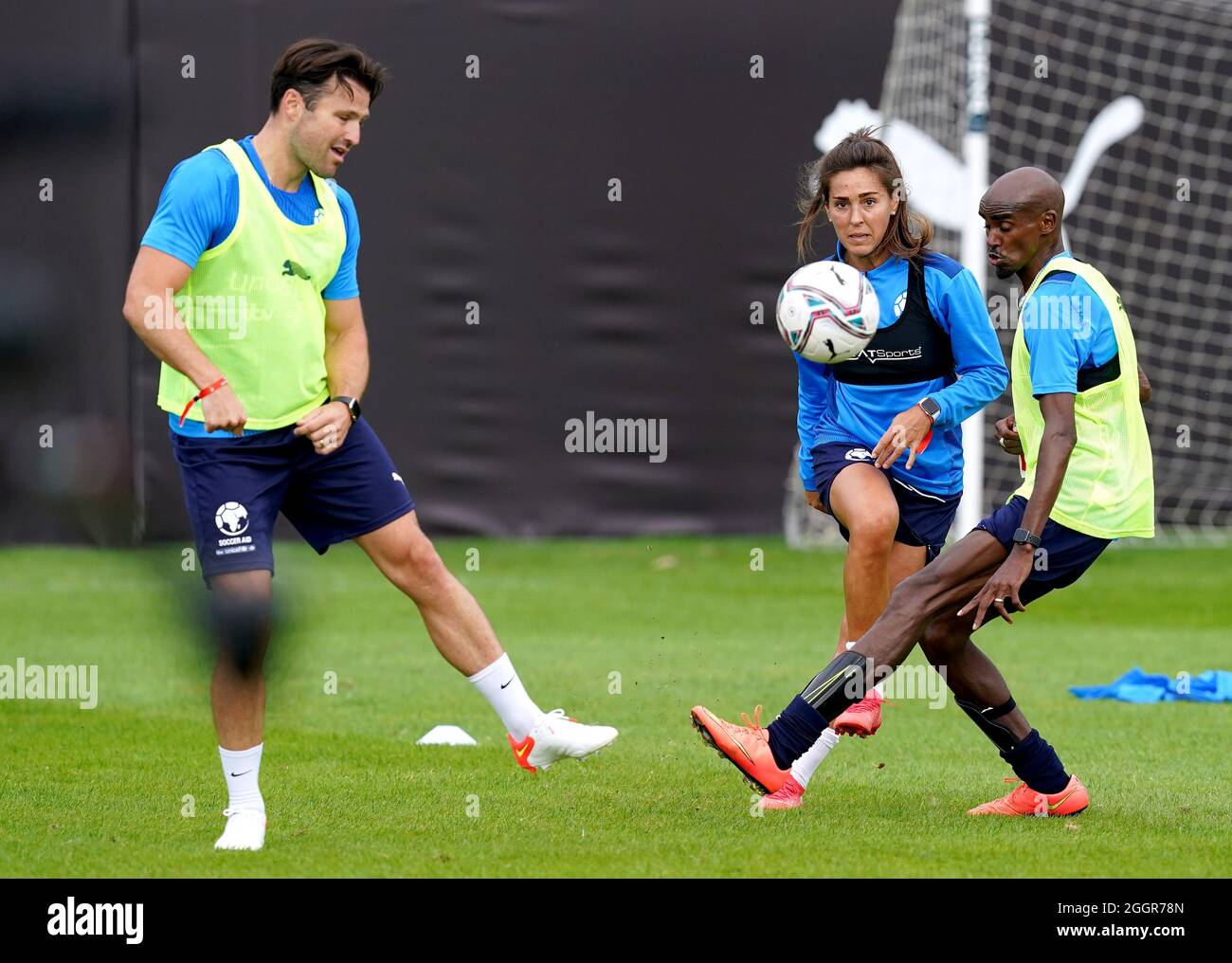 Mark Wright (left), Fara Williams and Sir Mo Farah during a training  session ahead of SoccerAid at Mottram Hall in Mottram, Greater Manchester.  Picture date: Thursday September 2, 2021 Stock Photo - Alamy