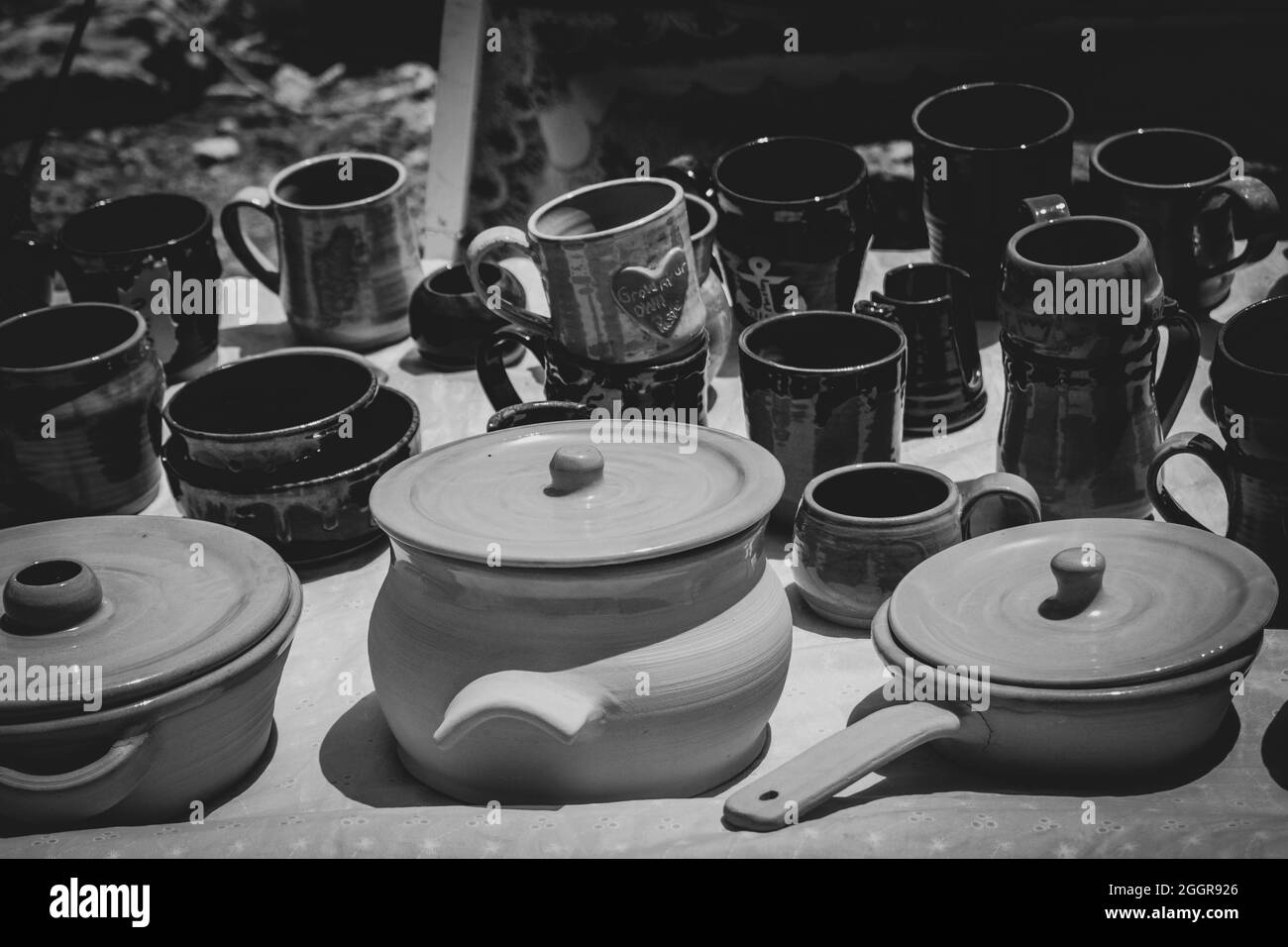 Pottery and other household items on sale at the market day. Belmopan, Belize. Stock Photo
