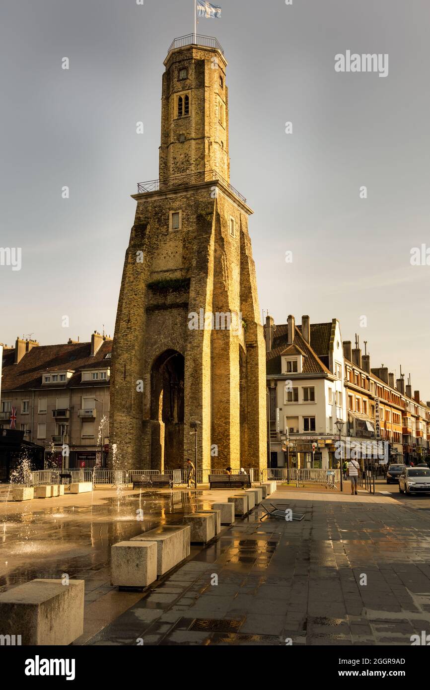 CALAIS, FRANCE - AUGUST 21st, 2021: Tour du Guet (Watch tower), oldest moniment of Calais, on a summer evening, in the North of France Stock Photo