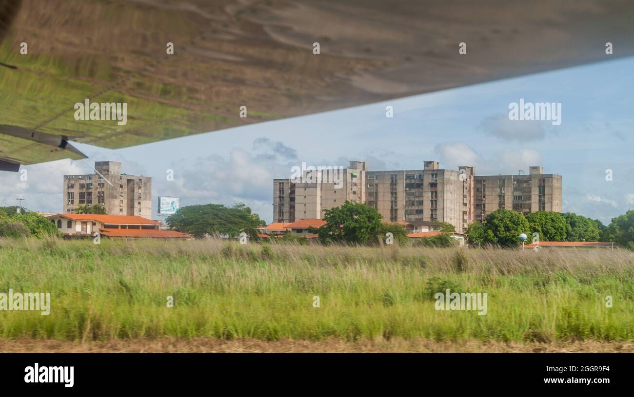 Concrete blocks seen from an airplane at the airport of Ciudad Bolivar, Venezuela Stock Photo