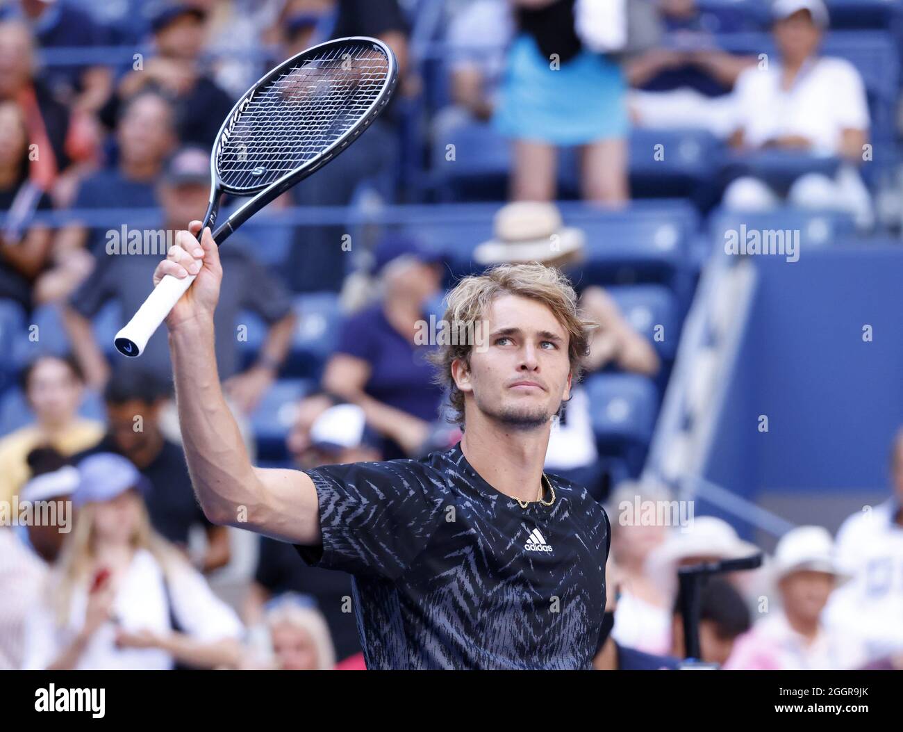 Flushing Meadow, United Stated. 02nd Sep, 2021. Alexander Zverev of Germany celebrates after defeating Albert Ramos-Vinolas of Spain in straight sets in Arthur Ashe Stadium in the second round of the 2021 US Open Tennis Championships at the USTA Billie Jean King National Tennis Center on Thursday, September 2, 2021 in New York City. Photo by John Angelillo/UPI Credit: UPI/Alamy Live News Stock Photo