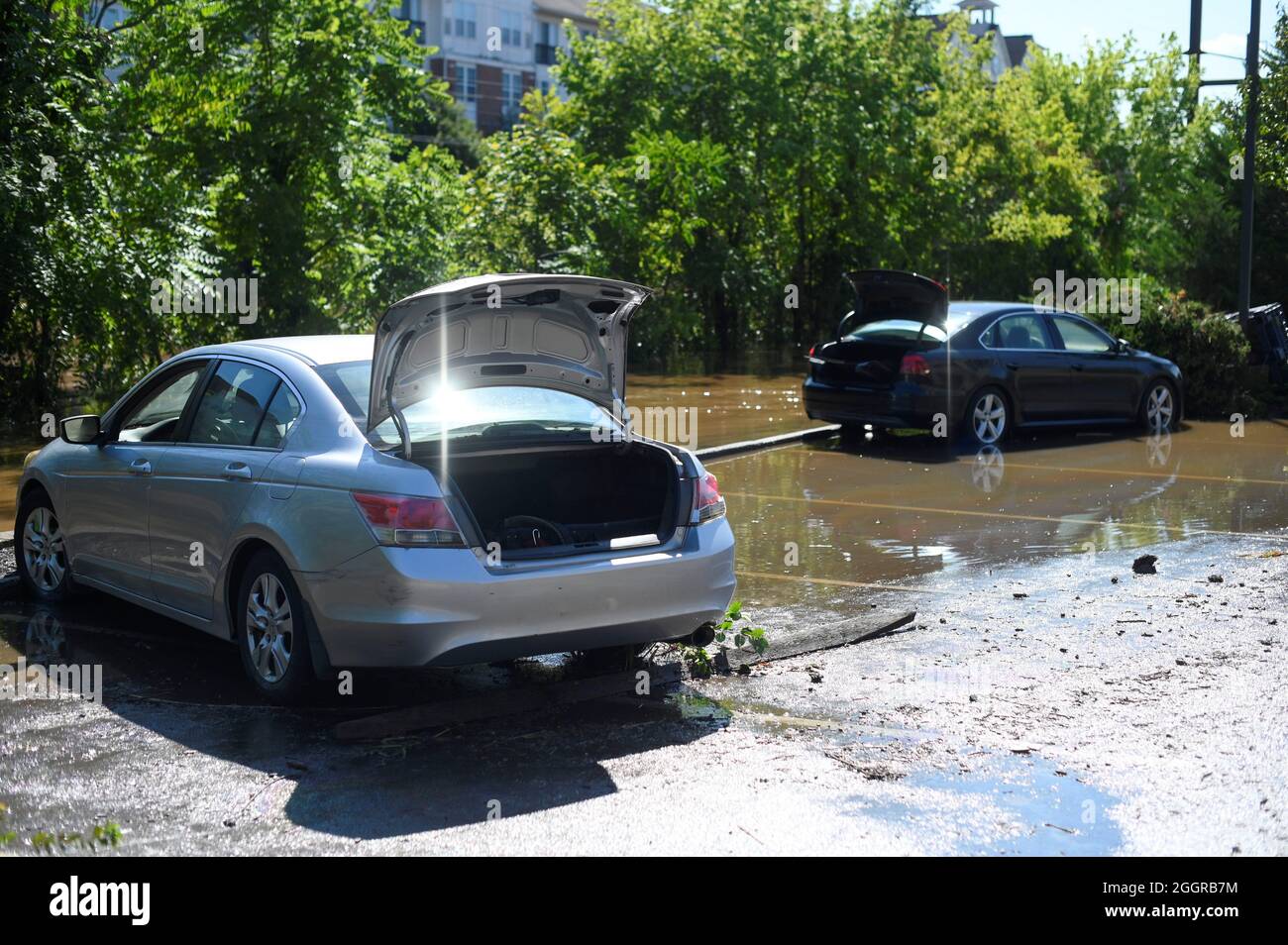Cars remain in a flood affected area in Conshohocken, Pennsylvania, U.S., September 2, 2021.   REUTERS/Bastiaan Slabbers Stock Photo