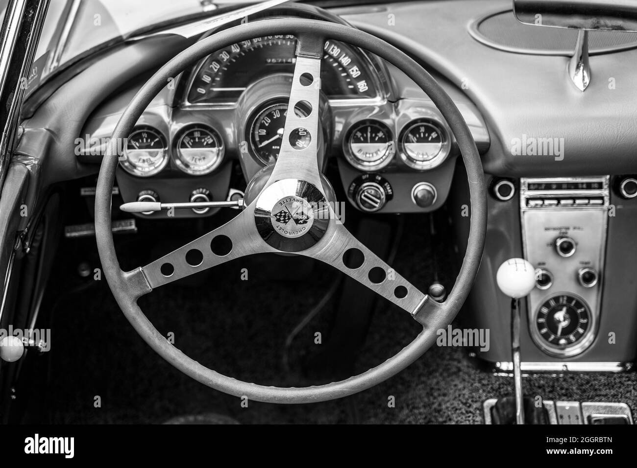 DIEDERSDORF, GERMANY - AUGUST 21, 2021: The interior of sports car Chevrolet Corvette (C1), 1960. Black and white. The exhibition of 'US Car Classics' Stock Photo