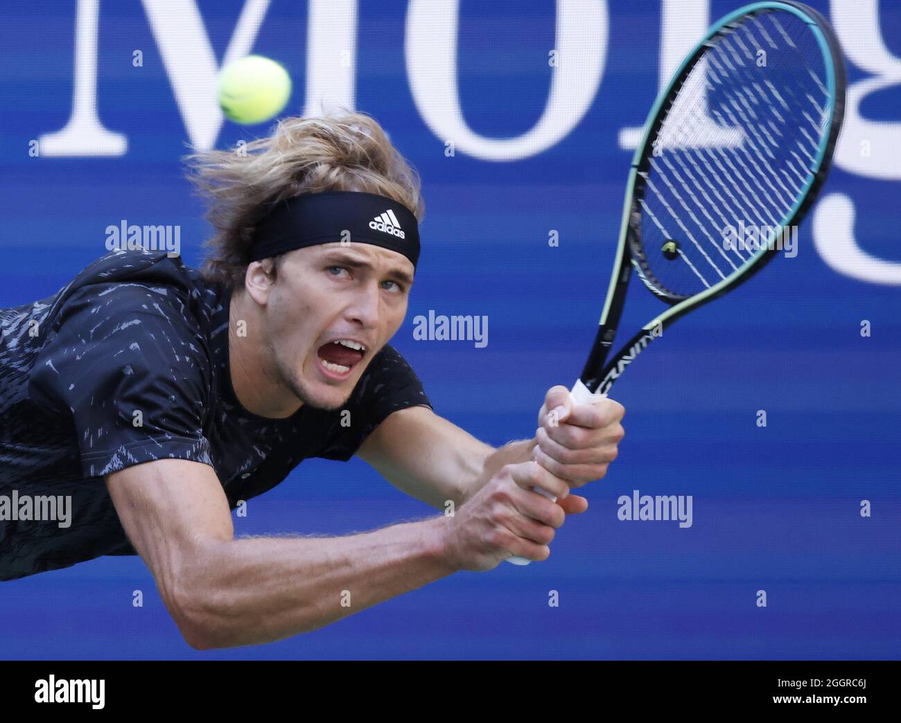 Flushing Meadow, United Stated. 02nd Sep, 2021. Alexander Zverev of Germany hits a backhand in the 3rd set before defeating Albert Ramos-Vinolas of Spain in straight sets in Arthur Ashe Stadium in the second round of the 2021 US Open Tennis Championships at the USTA Billie Jean King National Tennis Center on Thursday, September 2, 2021 in New York City. Photo by John Angelillo/UPI Credit: UPI/Alamy Live News Stock Photo