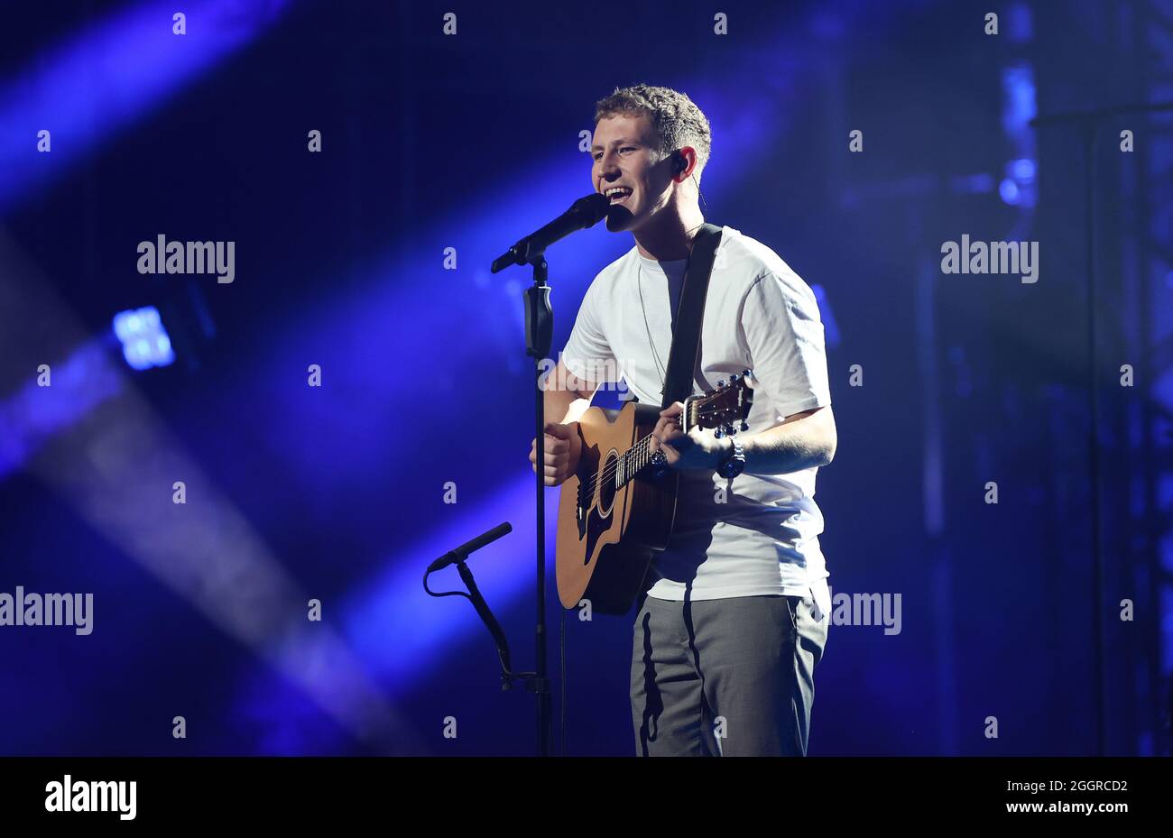Hamburg, Germany. 02nd Sep, 2021. During the German Radio Awards ceremony,  singer and musician Nathan Evans is on stage and sings. The German Radio  Prize is awarded in ten categories. It is