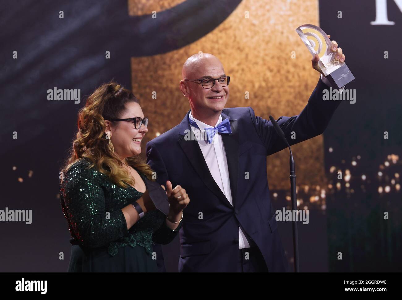 Hamburg, Germany. 02nd Sep, 2021. Steffen Lukas and Claudia Switala from RADIO  PSR are on stage at the German Radio Awards 2021 and are happy about the  award for "Best Morning Show"