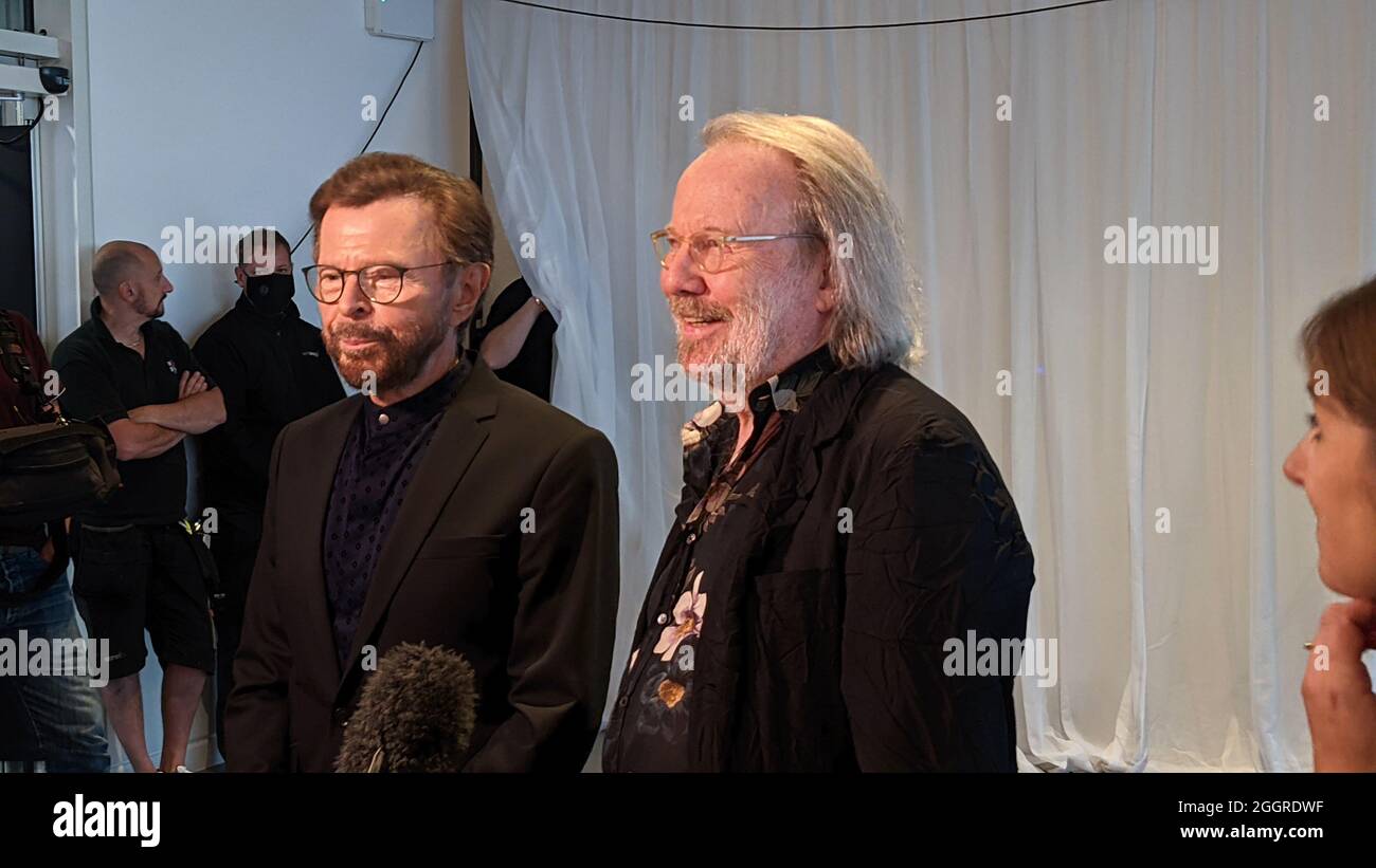 London, UK. 02nd Sep, 2021. Björn Ulvaeus (l) and Benny Andersson, members of Swedish pop group Abba, stand at an Intview in London. ABBA is releasing new music for the first time in four decades, along with a concert in which the quartet will perform entirely digitally. The new album 'Voyage,' is due out Nov. 5. A virtual version of the band is scheduled to perform a series of concerts in London on May 27, 2022. (Best Quality) Credit: Philip Dethlefs/dpa/Alamy Live News Stock Photo