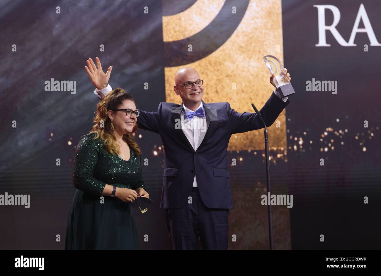 Hamburg, Germany. 02nd Sep, 2021. Steffen Lukas and Claudia Switala from RADIO  PSR are on stage at the German Radio Awards 2021 and are happy about the  award for "Best Morning Show"