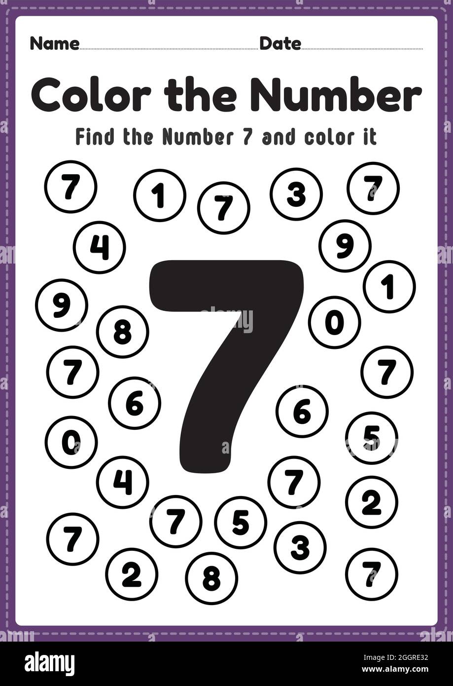 Pre k math worksheets, number 7 coloring maths activities for preschool and kindergarten kids to learn basic mathematics skills in a printable page. Stock Vector