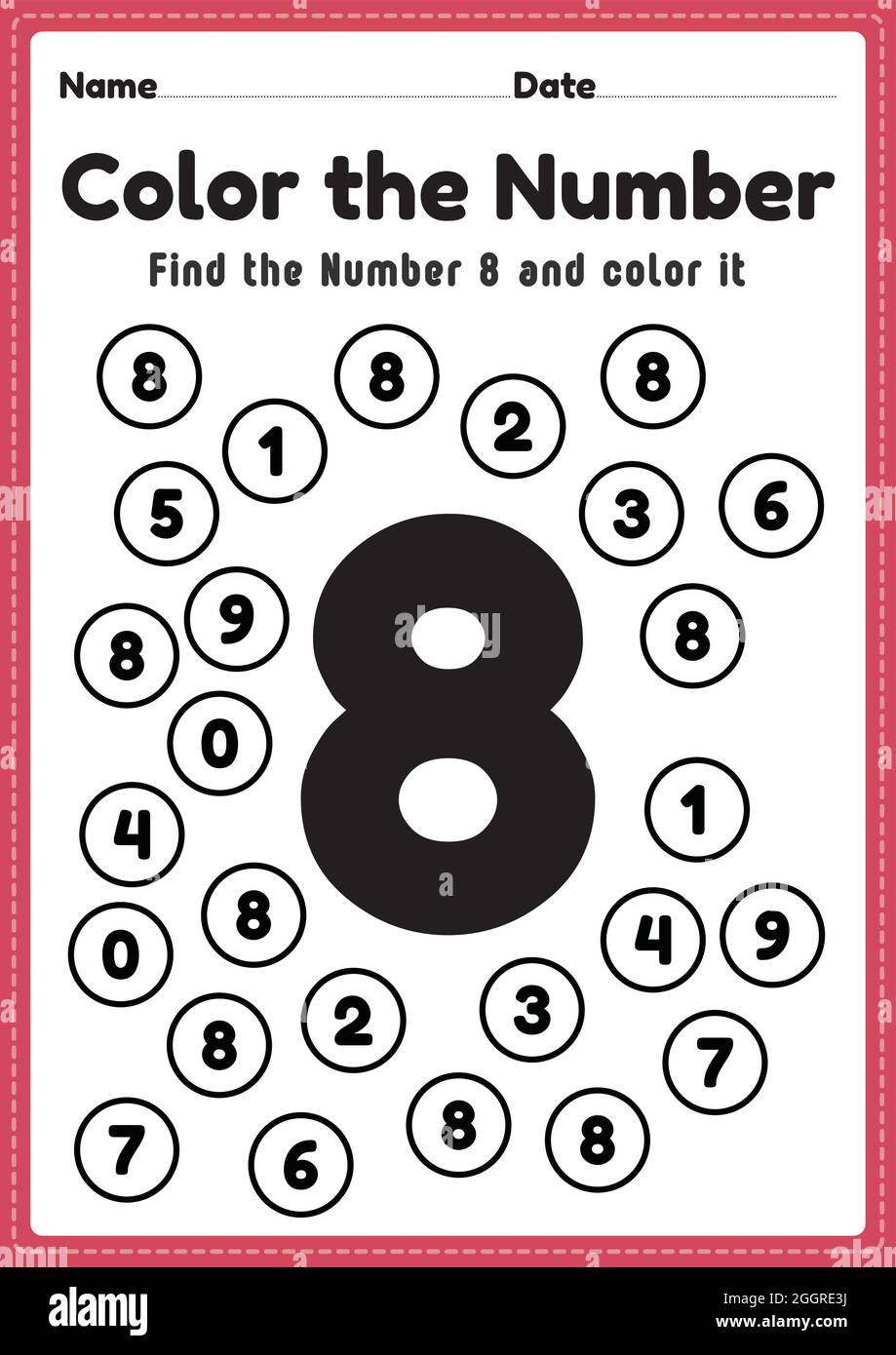 number worksheets for kindergarten number 8 coloring math activities for preschool kids to learn basic mathematics skills in a printable page stock vector image art alamy