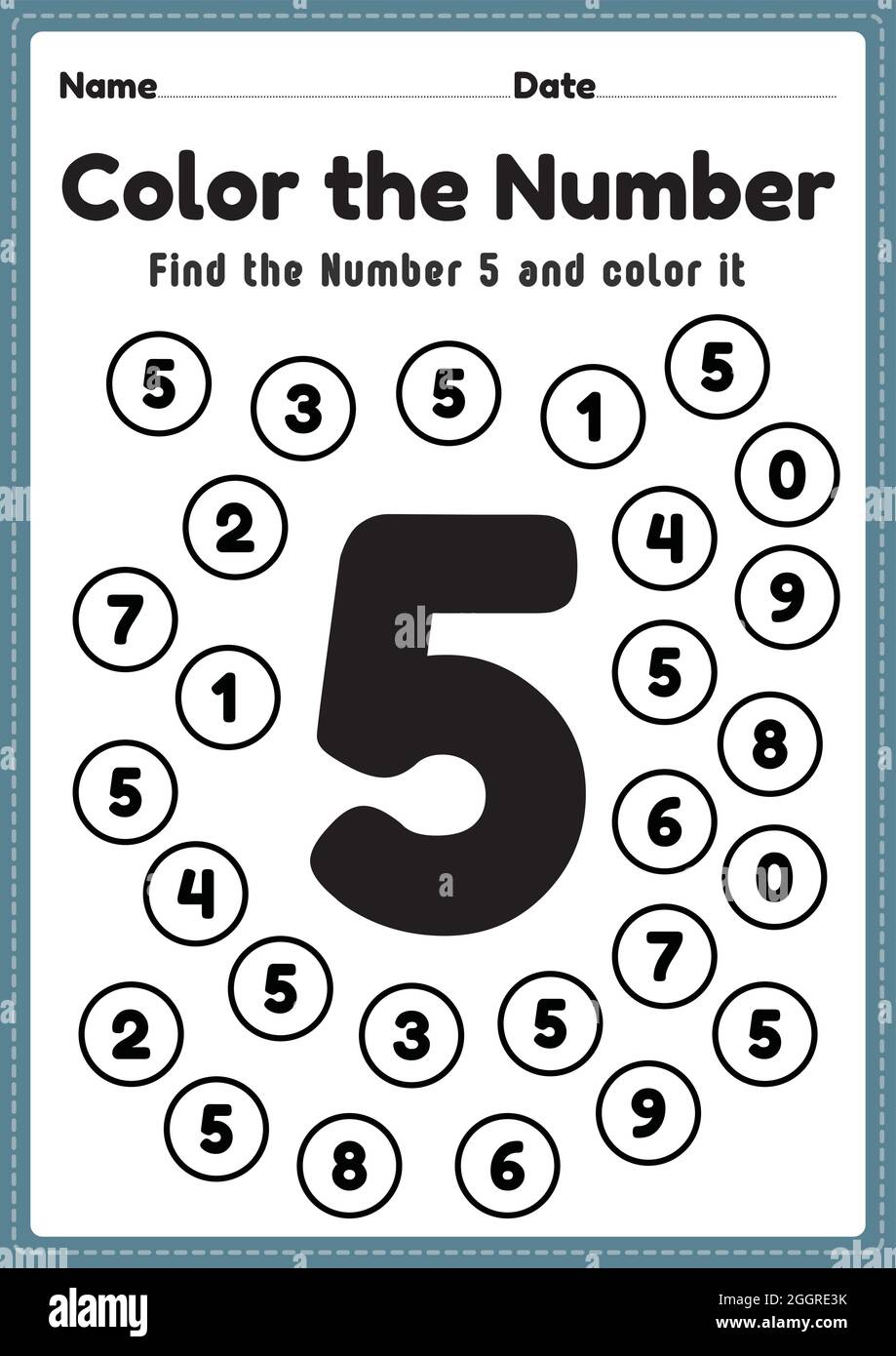 Preschool math worksheet, number 5 coloring maths activities for kindergarten kids to learn basic mathematics skills in a printable page. Stock Vector