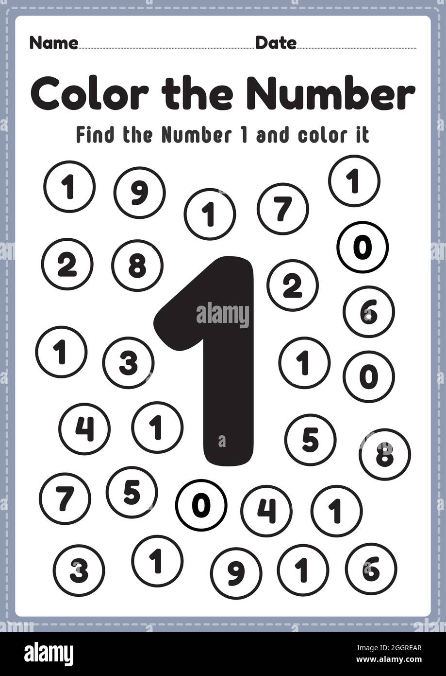 coloring numbers number 1 worksheet math printable sheet for preschool and kindergarten kids activity to learn basic mathematics skills stock vector image art alamy
